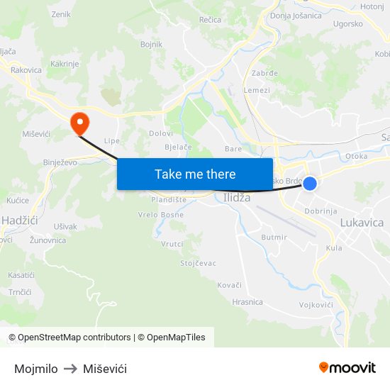 Mojmilo to Miševići map