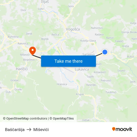 Baščaršija to Miševići map