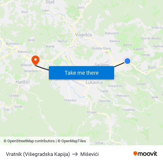 Vratnik (Višegradska Kapija) to Miševići map