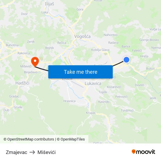 Zmajevac to Miševići map