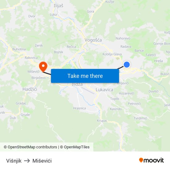 Višnjik to Miševići map