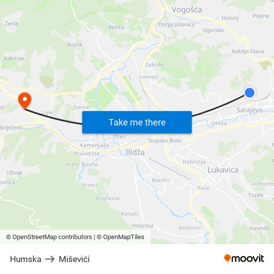 Humska to Miševići map