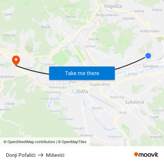 Donji Pofalići to Miševići map