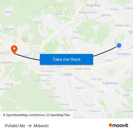 Pofalići Mz to Miševići map