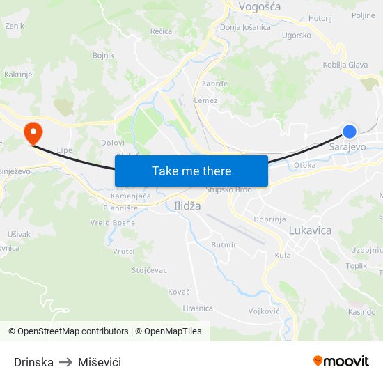 Drinska to Miševići map