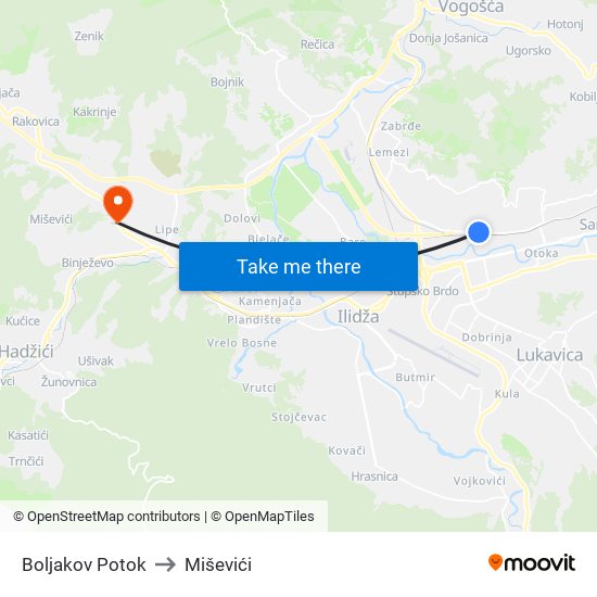 Boljakov Potok to Miševići map