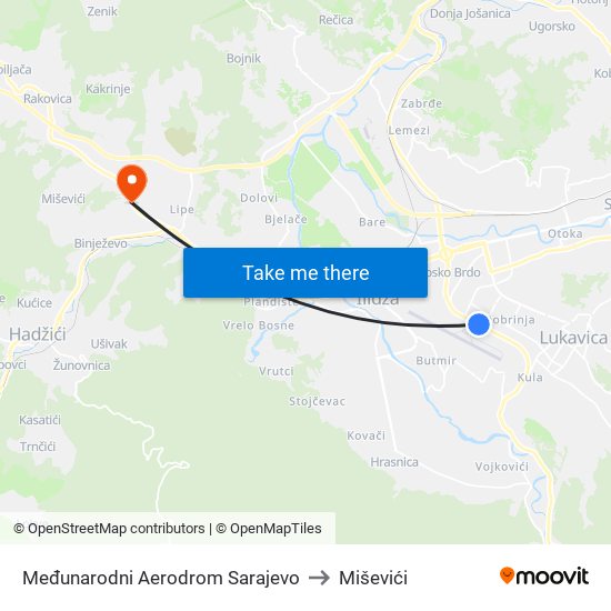 Međunarodni Aerodrom Sarajevo to Miševići map