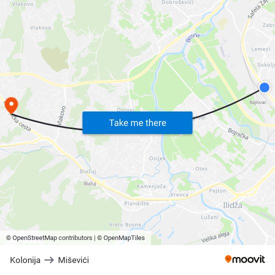 Kolonija to Miševići map