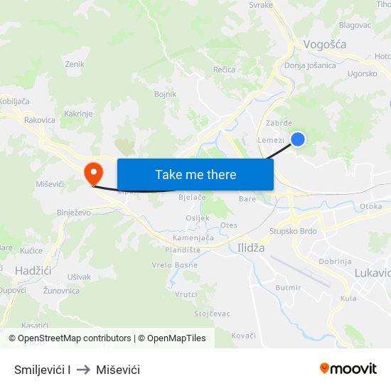 Smiljevići I to Miševići map