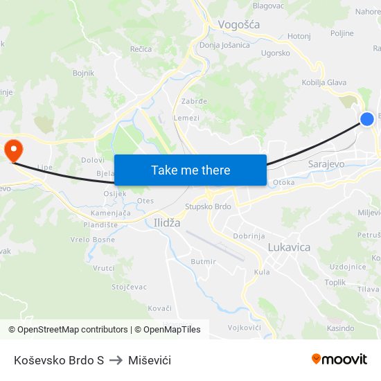 Koševsko Brdo S to Miševići map