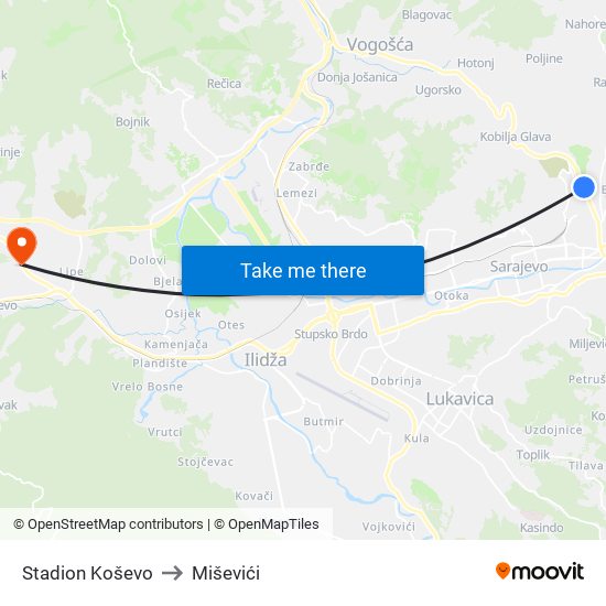 Stadion Koševo to Miševići map