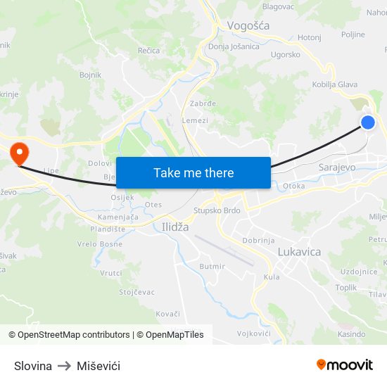 Slovina to Miševići map