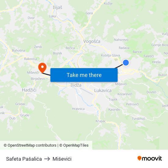 Safeta Pašalića to Miševići map