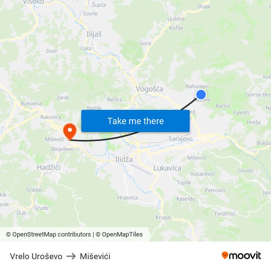 Vrelo Uroševo to Miševići map