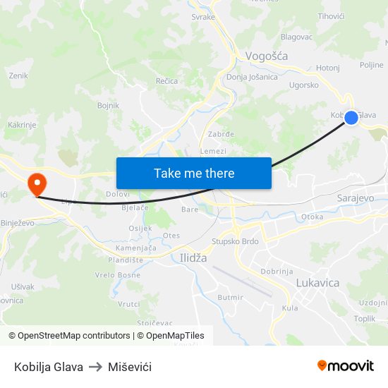 Kobilja Glava to Miševići map