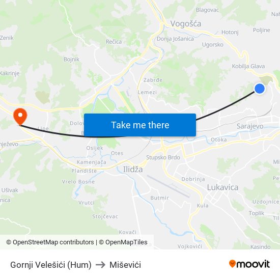 Gornji Velešići (Hum) to Miševići map