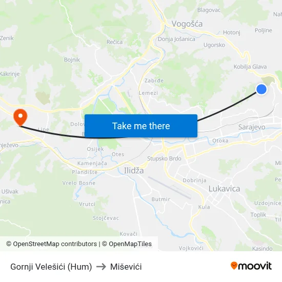 Gornji Velešići (Hum) to Miševići map