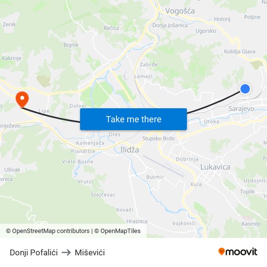 Donji Pofalići to Miševići map