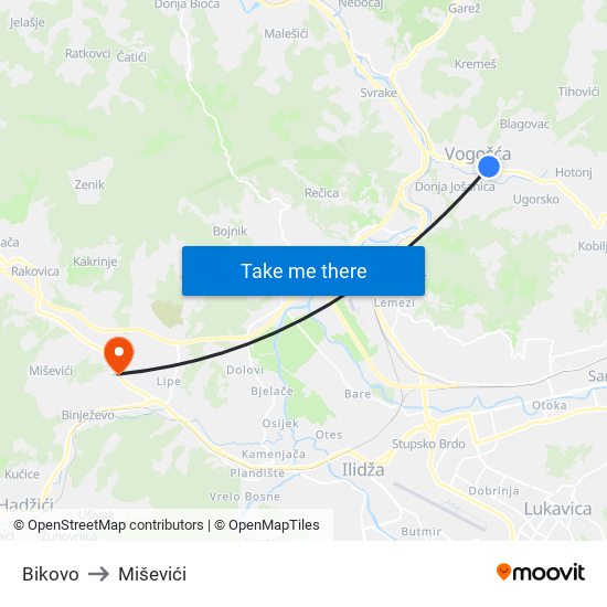 Bikovo to Miševići map