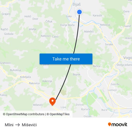 Mlini to Miševići map