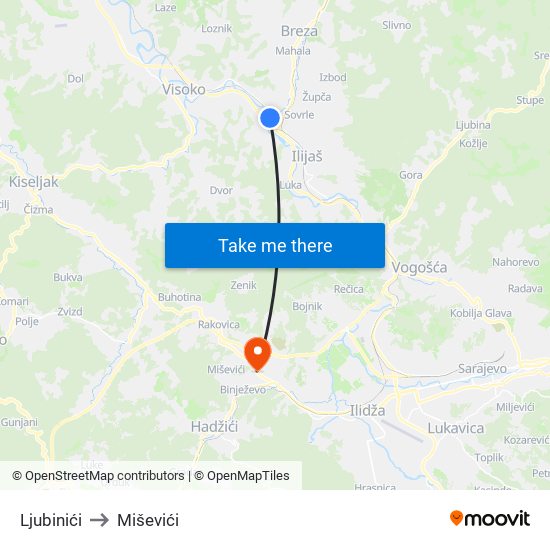 Ljubinići to Miševići map