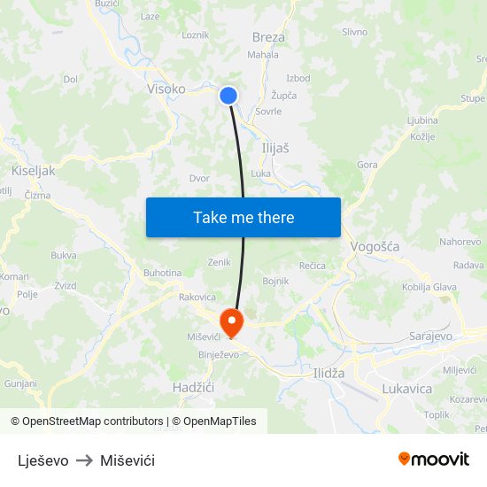 Lješevo to Miševići map
