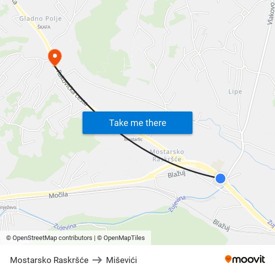 Mostarsko Raskršće to Miševići map