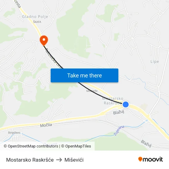Mostarsko Raskršće to Miševići map