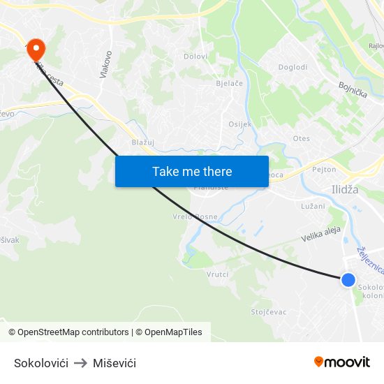 Sokolovići to Miševići map