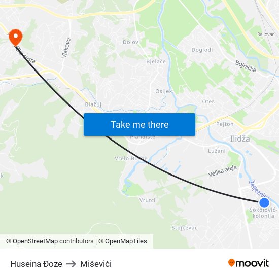 Huseina Đoze to Miševići map