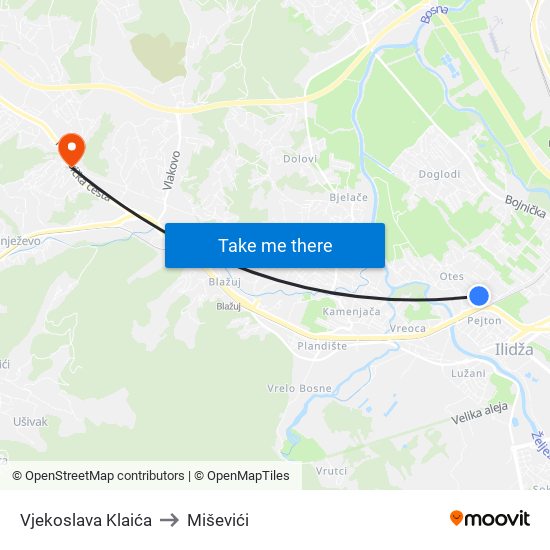 Vjekoslava Klaića to Miševići map