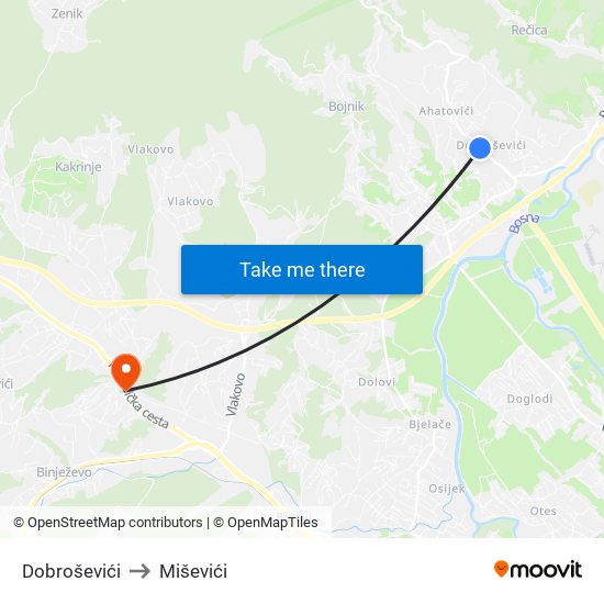 Dobroševići to Miševići map