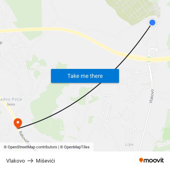 Vlakovo to Miševići map