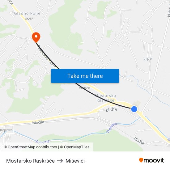 Mostarsko Raskršće to Miševići map