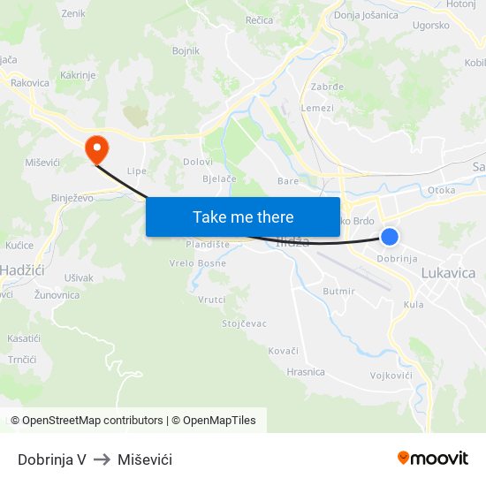 Dobrinja V to Miševići map