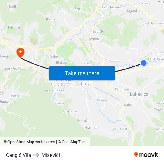 Čengić Vila to Miševići map