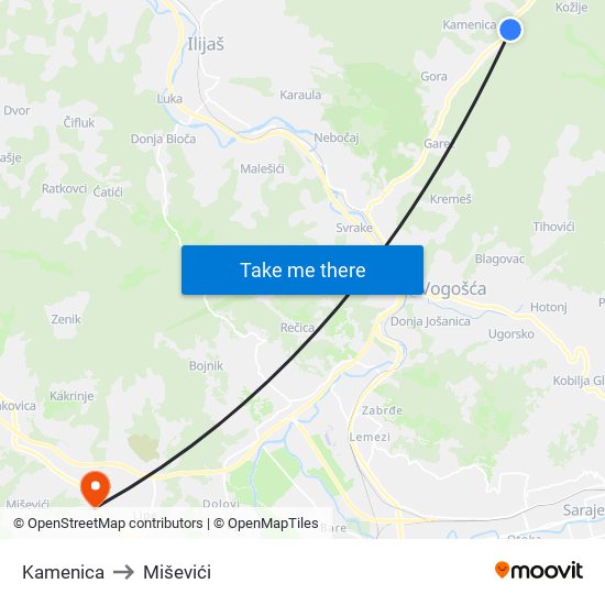 Kamenica to Miševići map