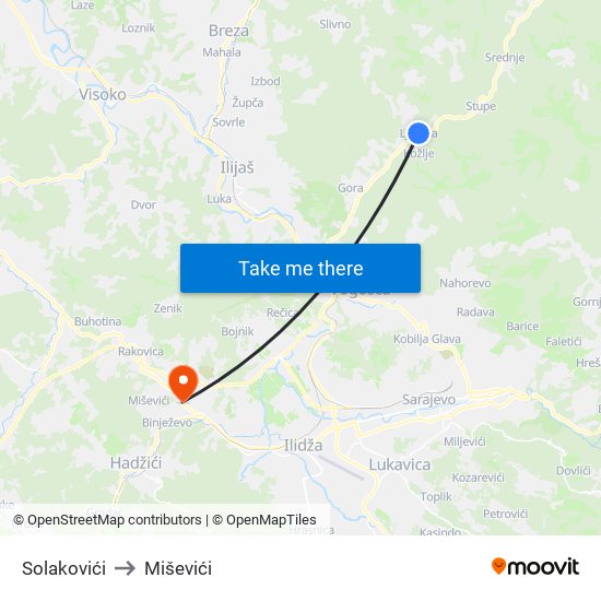 Solakovići to Miševići map