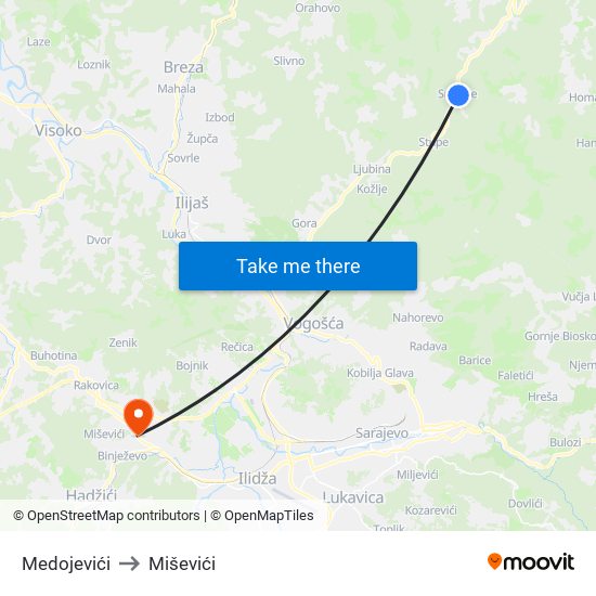 Medojevići to Miševići map