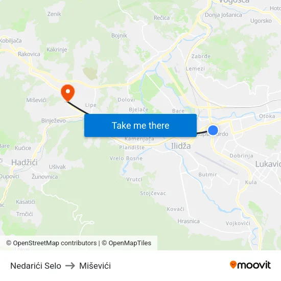 Nedarići Selo to Miševići map