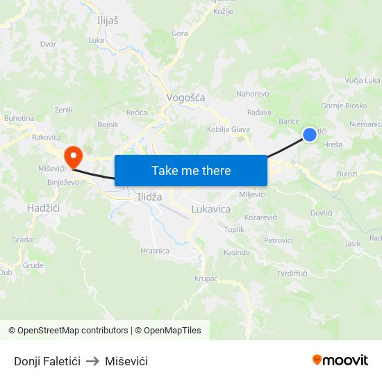 Donji Faletići to Miševići map