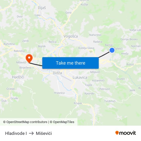 Hladivode I to Miševići map