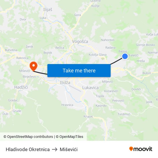 Hladivode Okretnica to Miševići map