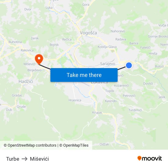 Turbe to Miševići map