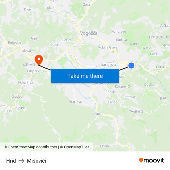 Hrid to Miševići map