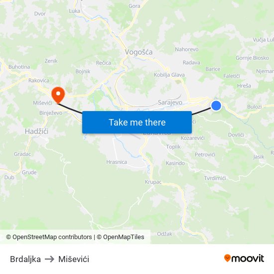 Brdaljka to Miševići map