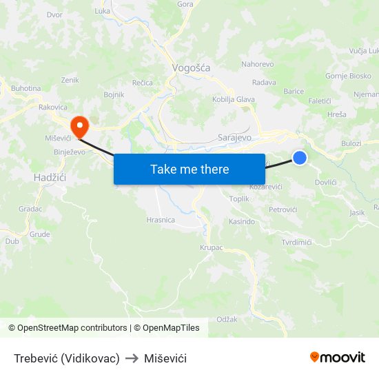 Trebević (Vidikovac) to Miševići map