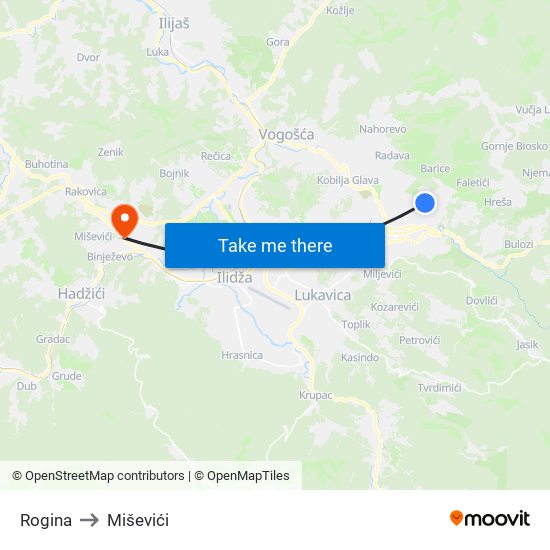 Rogina to Miševići map