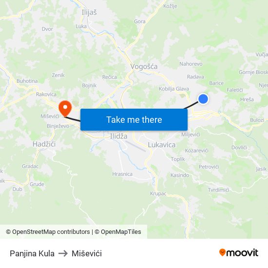 Panjina Kula to Miševići map