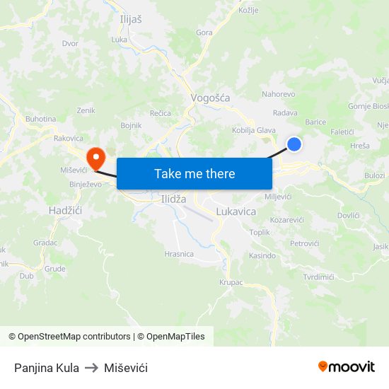 Panjina Kula to Miševići map